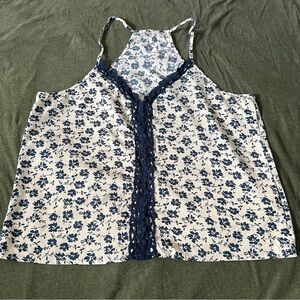 SHEIN Navy Floral Lace Trim Blouse